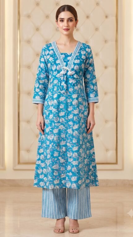 Blue Cotton Floral & Striped Co-Ord Set