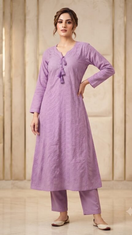 Purple Cotton Schiffli Style Co-Ord Set