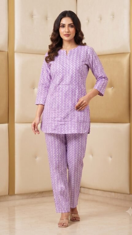 Purple Cotton Chevron Print Co-Ord Set