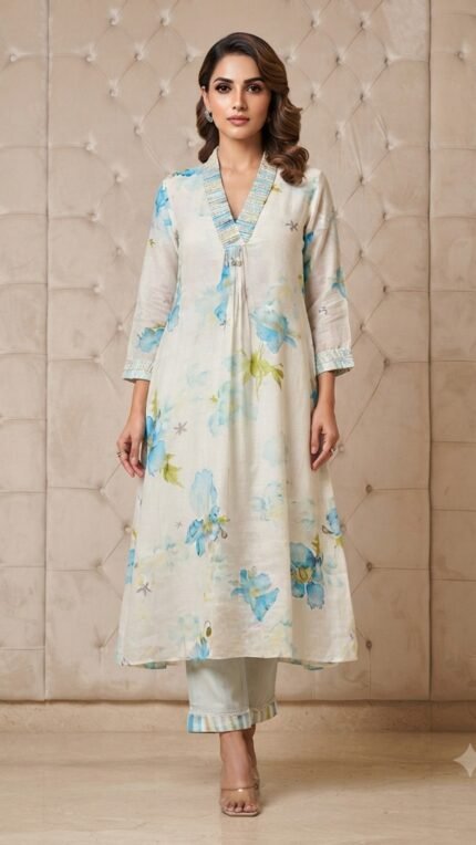 White Mul Chanderi Blue Floral Kurta Set
