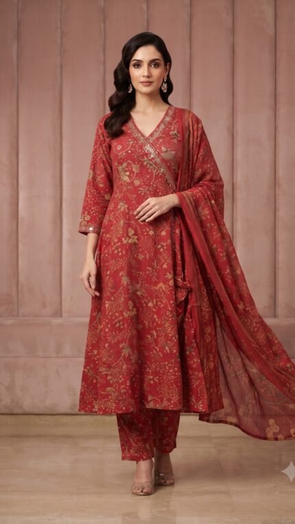 Red Cotton Floral Wrap-Style Dupatta Set