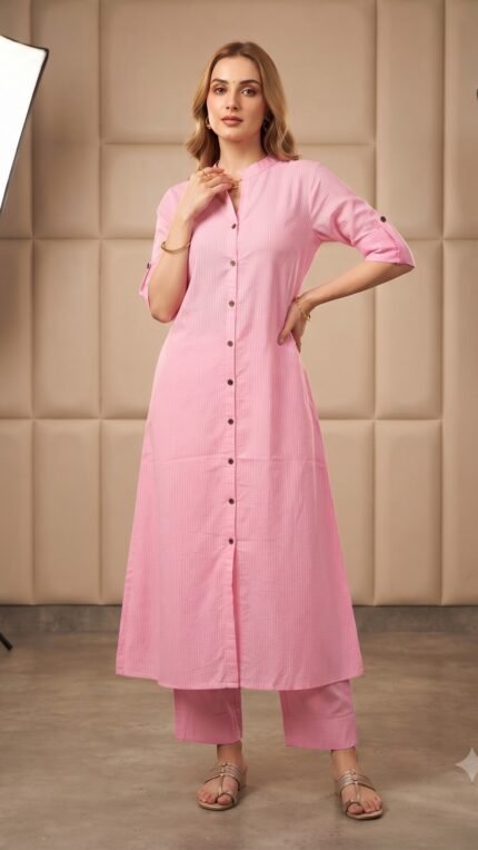 Pink Cotton Button-Front Long Co-Ord Set