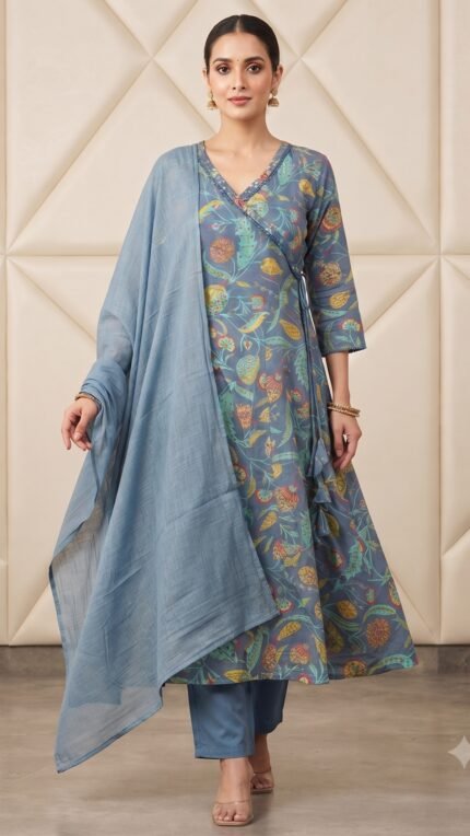 Grey Cotton Botanical Print Dupatta Set