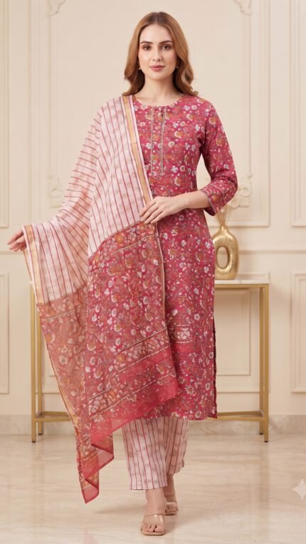 Red Cotton Floral Print Dupatta Set
