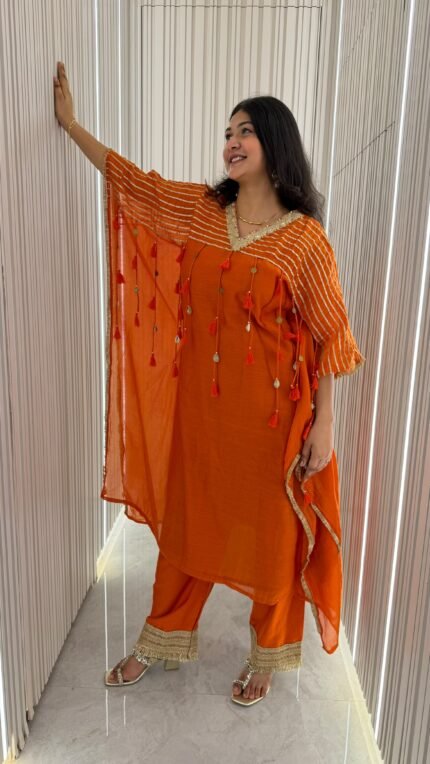 Orange Mul Chanderi Embellished Kaftan-Style Kurta Set – CV398
