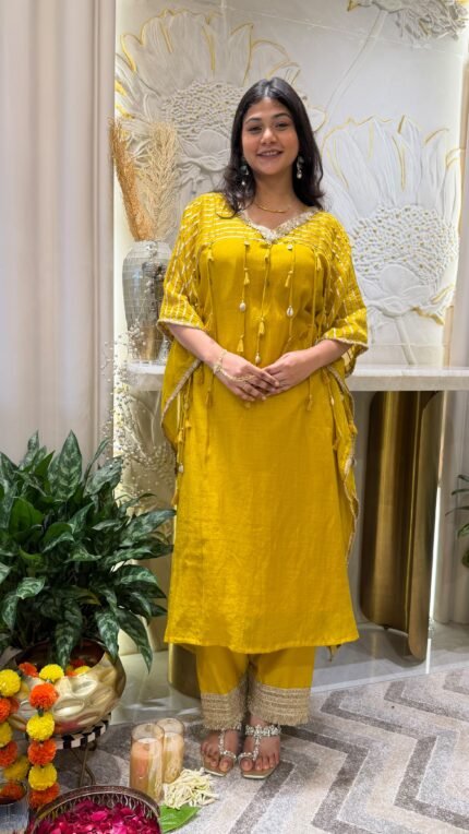 Yellow Mul Chanderi Embellished Kaftan-Style Kurta Set – CV399