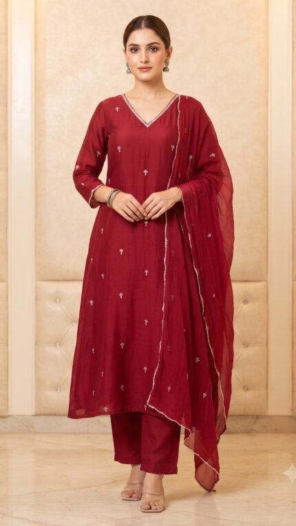 Marron Mul Chanderi Delicate Embellished Dupatta Set