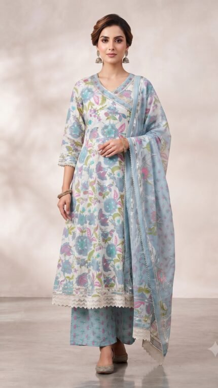 Sky Blue Cotton Floral Print Dupatta Set