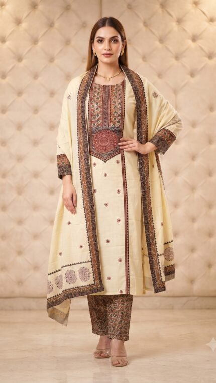 Cream Cotton Traditional Print Dupatta Set