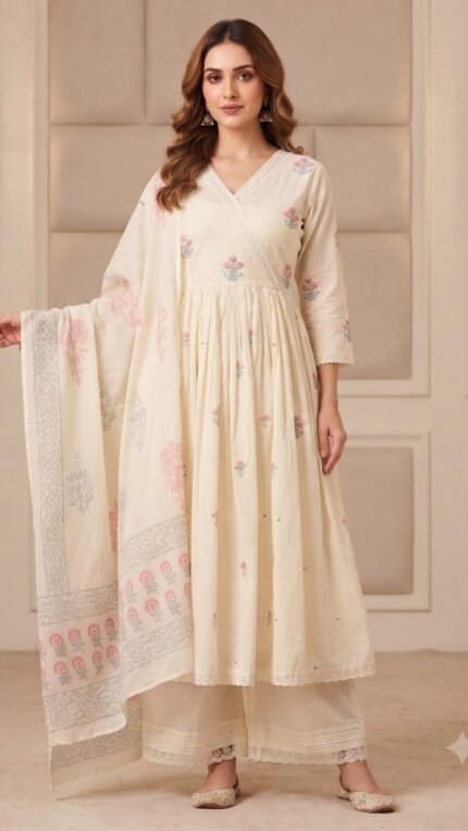 Off White Cotton Floral Gathered Dupatta Set