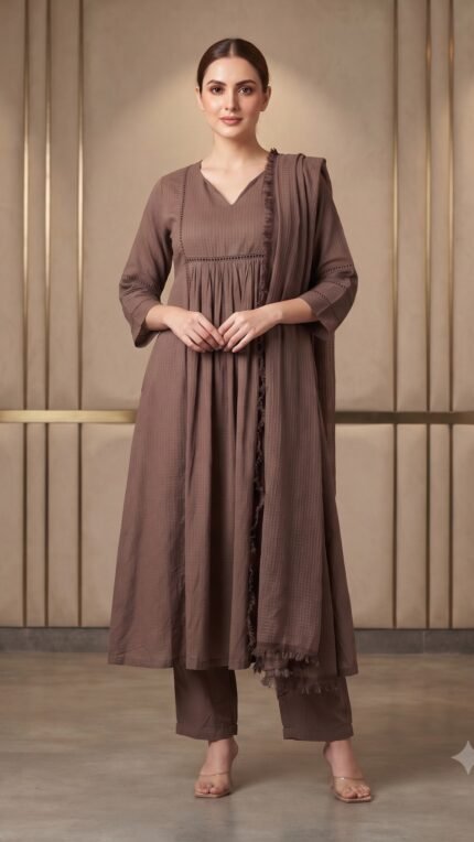 Chocolate Brown Kota doria Gathered Dupatta Set