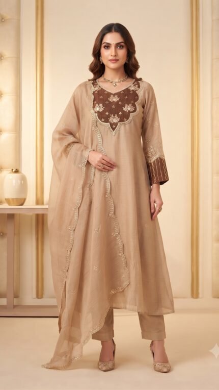 Brown Mul Chanderi Embroidered Yoke Dupatta Set