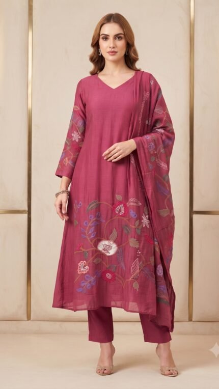 Magenta Mul Chanderi Floral Embroidered Dupatta Set