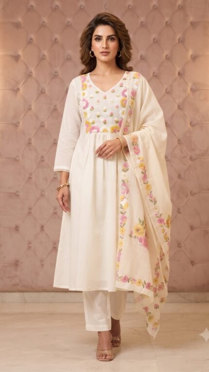 White Cotton Floral Embroidered Dupatta Set