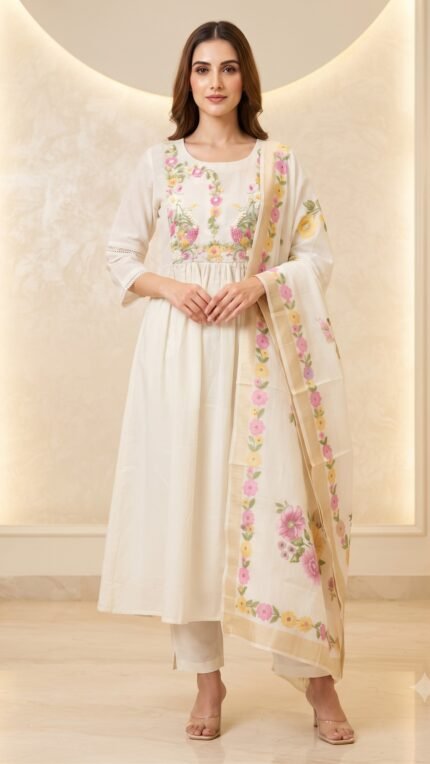 White Cotton Pastel Floral Yoke Dupatta Set