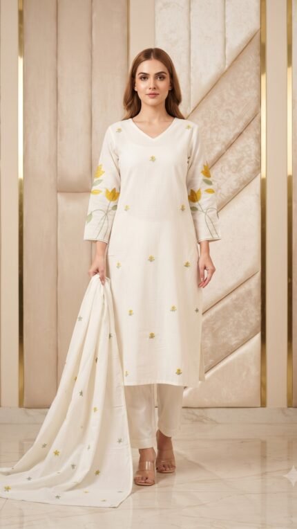 White Cotton Yellow Floral Embroidered Dupatta Set