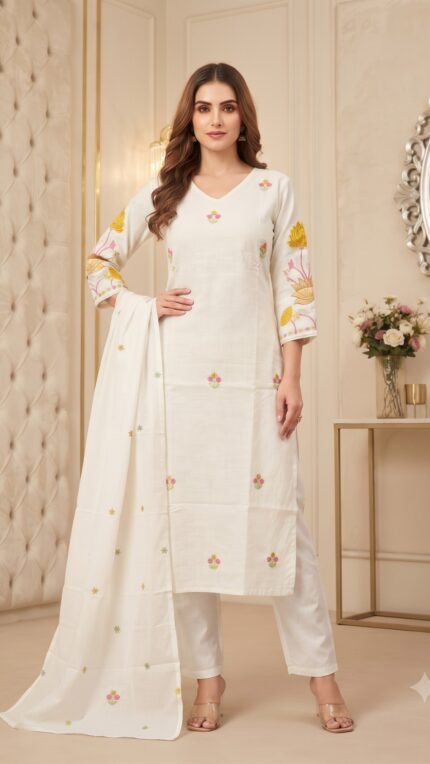 White Cotton Pink Yellow Floral Dupatta Set