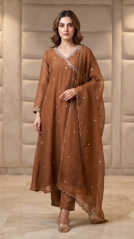 Brown Mul Chanderi Silver Embroidered Dupatta Set
