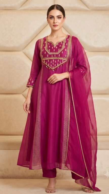 Pink Mul Chanderi Gold Yoke Embroidered Dupatta Set