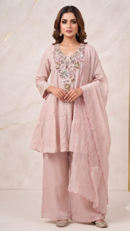Pink Mul Chanderi Floral Embellished Dupatta Set