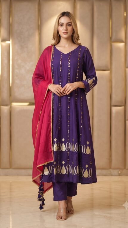 Blue And Pink Dupatta Mul Chanderi Embellished Set