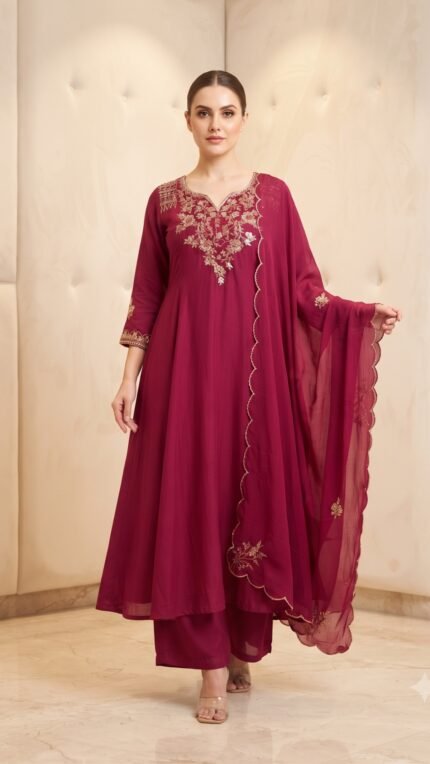 Maroon Mul Chanderi Gold Floral Embroidered Dupatta Set