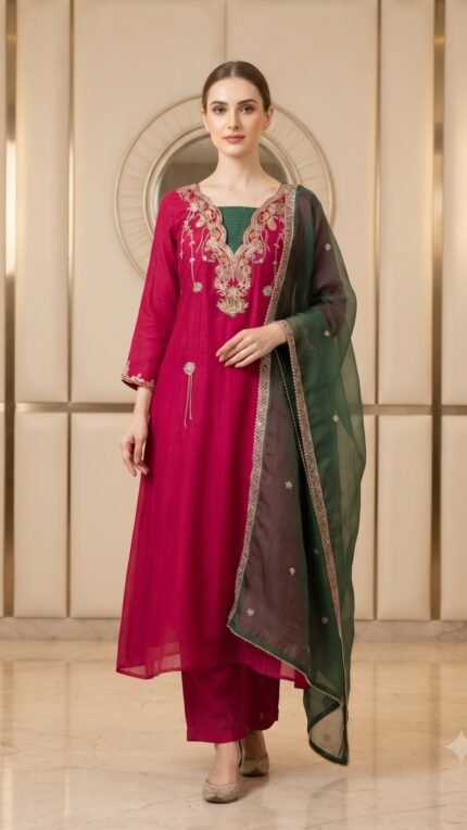 Pink And Green Dupatta Mul Chanderi Embroidered Set