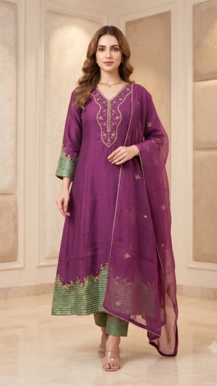 Purple Mul Chanderi Green Border Embroidered Dupatta Set