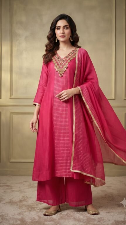 Pink Mul Chanderi Gold Neck Embellished Dupatta Set