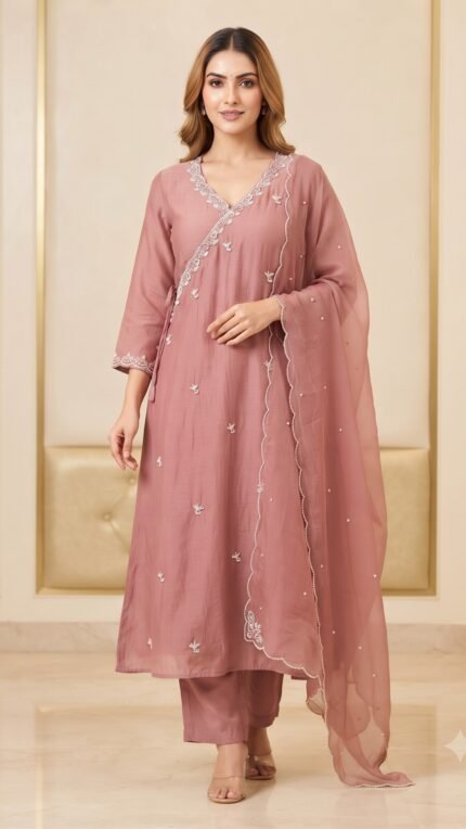 Pink Mul Chanderi Wrap Embroidered Dupatta Set