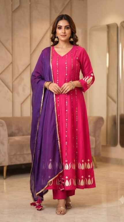 Pink And Blue Dupatta Mul Chanderi Gold Embellished Dupatta Set