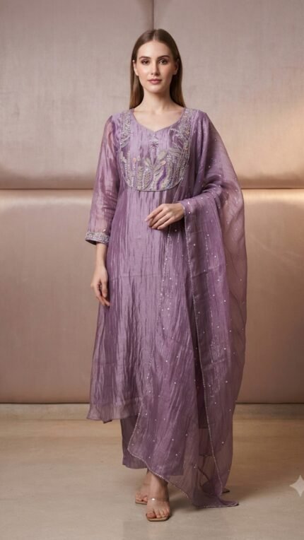 Purple Tissue Embroidered Yoke Dupatta Set