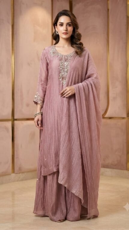 Pink Tissue Silver Embellished Dupatta Set