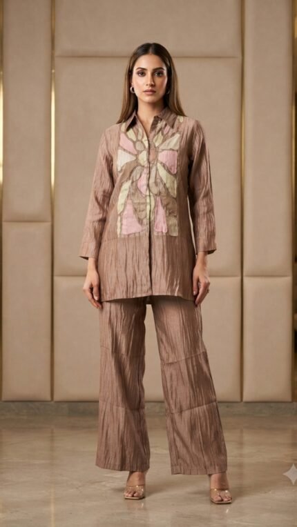 Brown Tissue Abstract Applique Co-ord Set