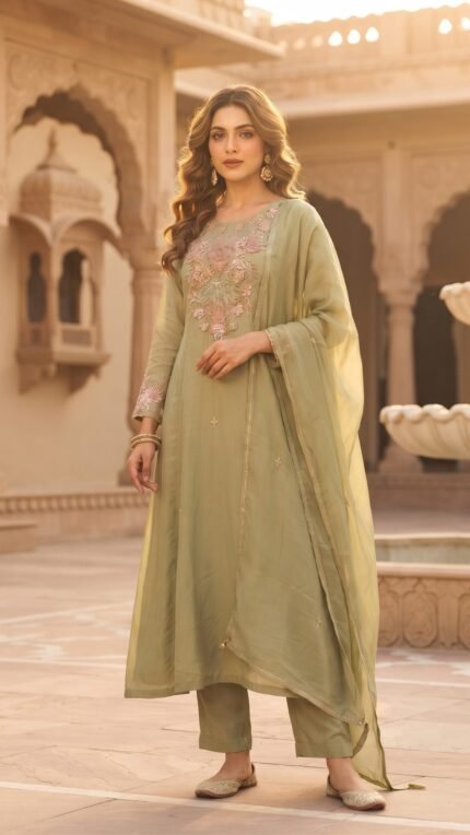 Green Mul Chanderi Floral Embroidered Dupatta Set