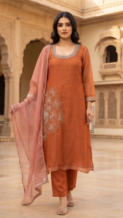 Rust Orange Mul Chanderi Statement Floral Dupatta Set with Blush Contrast Dupatta