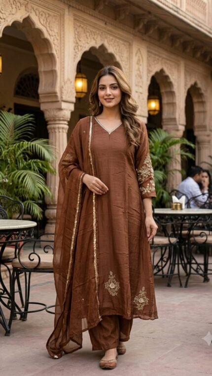 Brown Mul Chanderi Embroidered Dupatta Set with Statement Sleeves