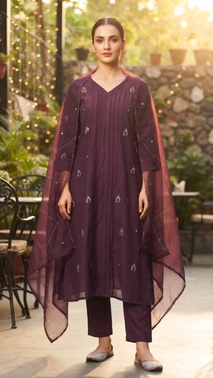Purple Mul Chanderi Pintuck Embroidered Dupatta Set