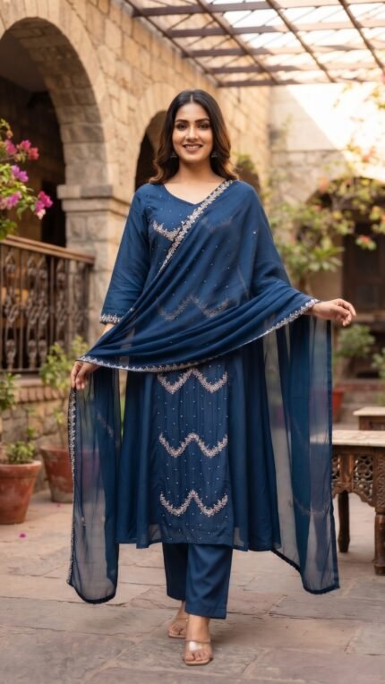 Blue Mul Chanderi Embroidered Dupatta Set with Sheer Draped Dupatta